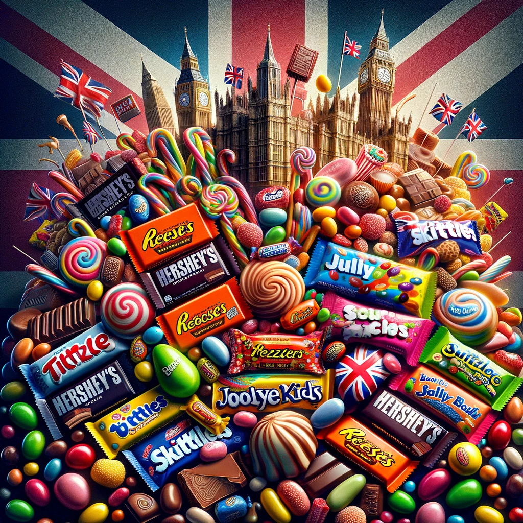 This vibrant display showcases popular American candies in a UK setting, perfectly aligning with the theme of your article.