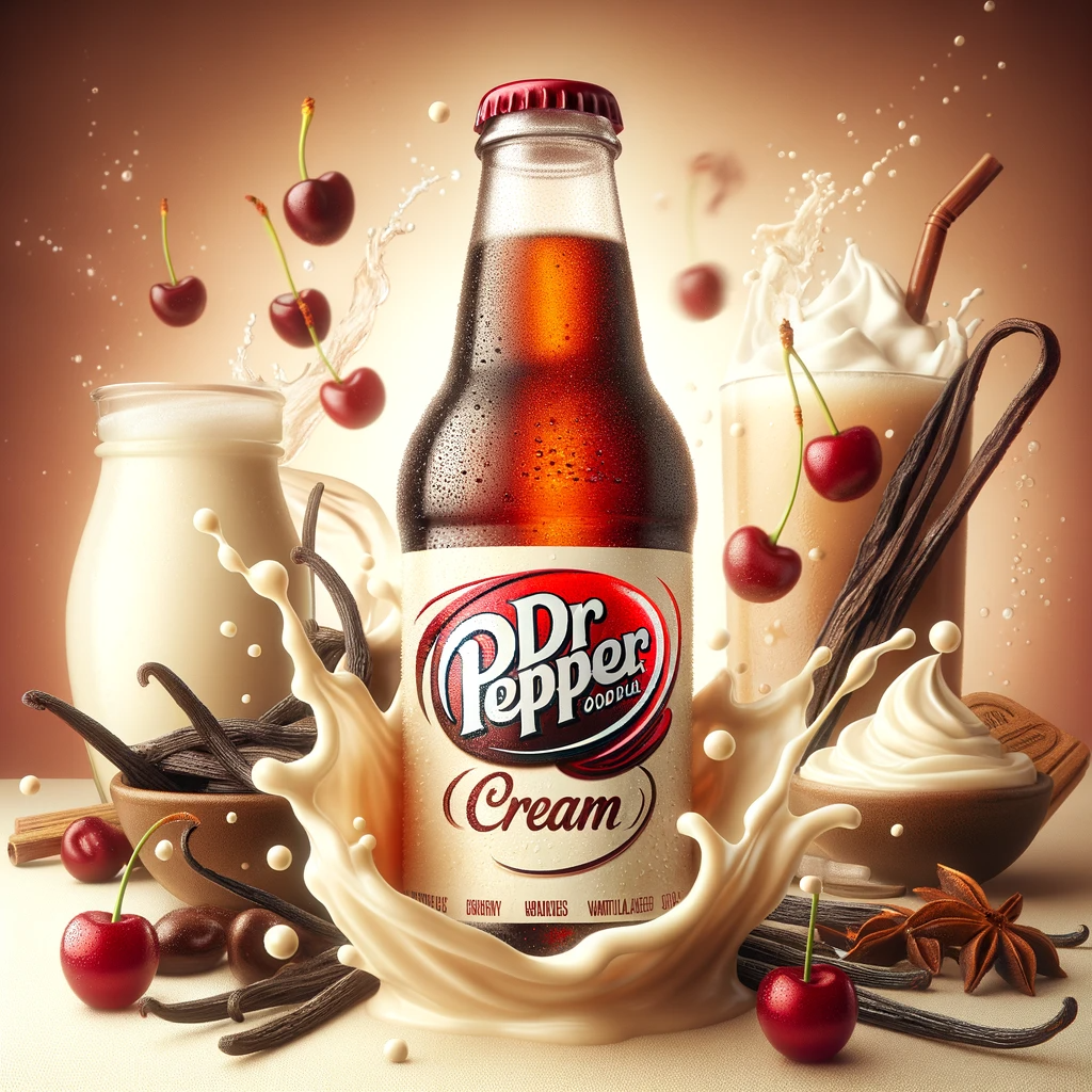 Chilled bottle of Dr Pepper Cream Soda amidst a dynamic splash of creamy vanilla and dotted with fresh cherries, highlighting the soda's rich and indulgent flavor profile against a backdrop that suggests effervescence and refreshment