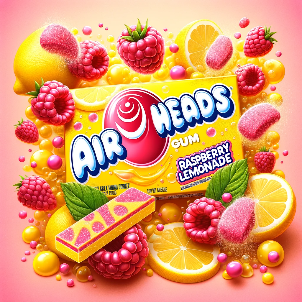 Pack of Airheads Gum Raspberry Lemonade with vibrant pink and yellow gum pieces surrounded by raspberries, lemon slices, and a fizzy explosion of flavor, embodying a playful and refreshing chewing experience.