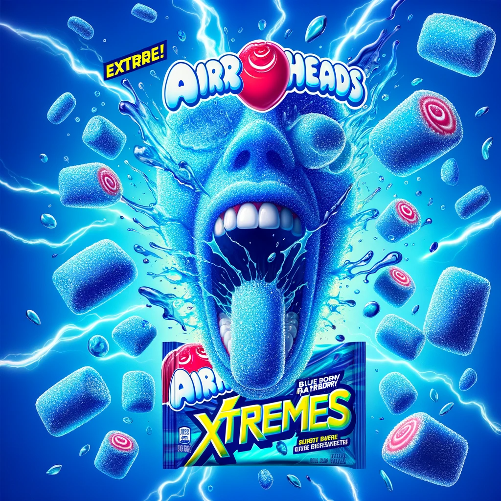 Dynamic image showcasing Airheads Xtremes Bites Blue Raspberry with vibrant blue candies surrounded by electric shocks, illustrating the intense sour-to-sweet flavour experience of the gummies