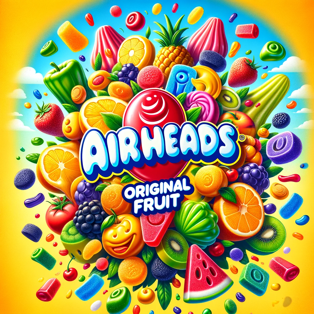 Colorful and dynamic display of Airheads Gummies Original Fruit, with a lively mix of gummy shapes and fresh fruit splashes, capturing the playful essence and intense fruit flavors of the candy against a bright, energetic background.