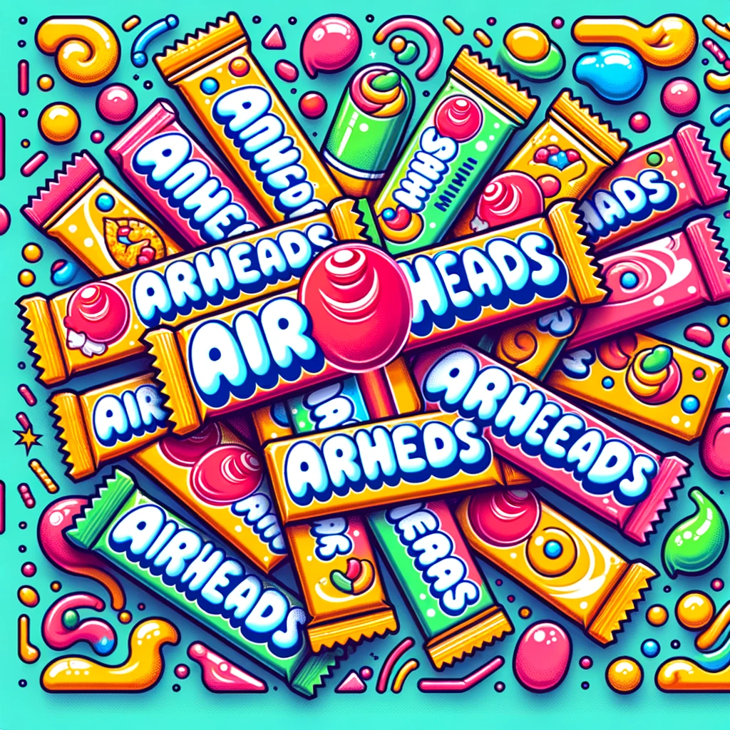 Vivid array of Airheads Mini Bars in a playful explosion of colors and flavors, showcasing the chewy and tangy candy against a backdrop of whimsical swirls and bursts, reflecting the joyful and energetic spirit of the treat