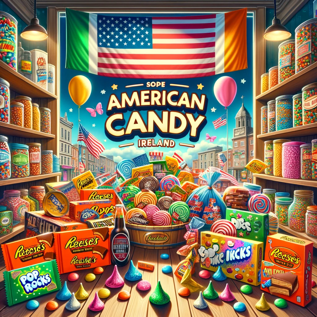  "Colorful and inviting American candy store in Ireland, showcasing popular American candies like Reese's Peanut Butter Cups, Hershey's Kisses, and Pop Rocks against a backdrop blending American and Irish flags, symbolizing the fusion of cultures."