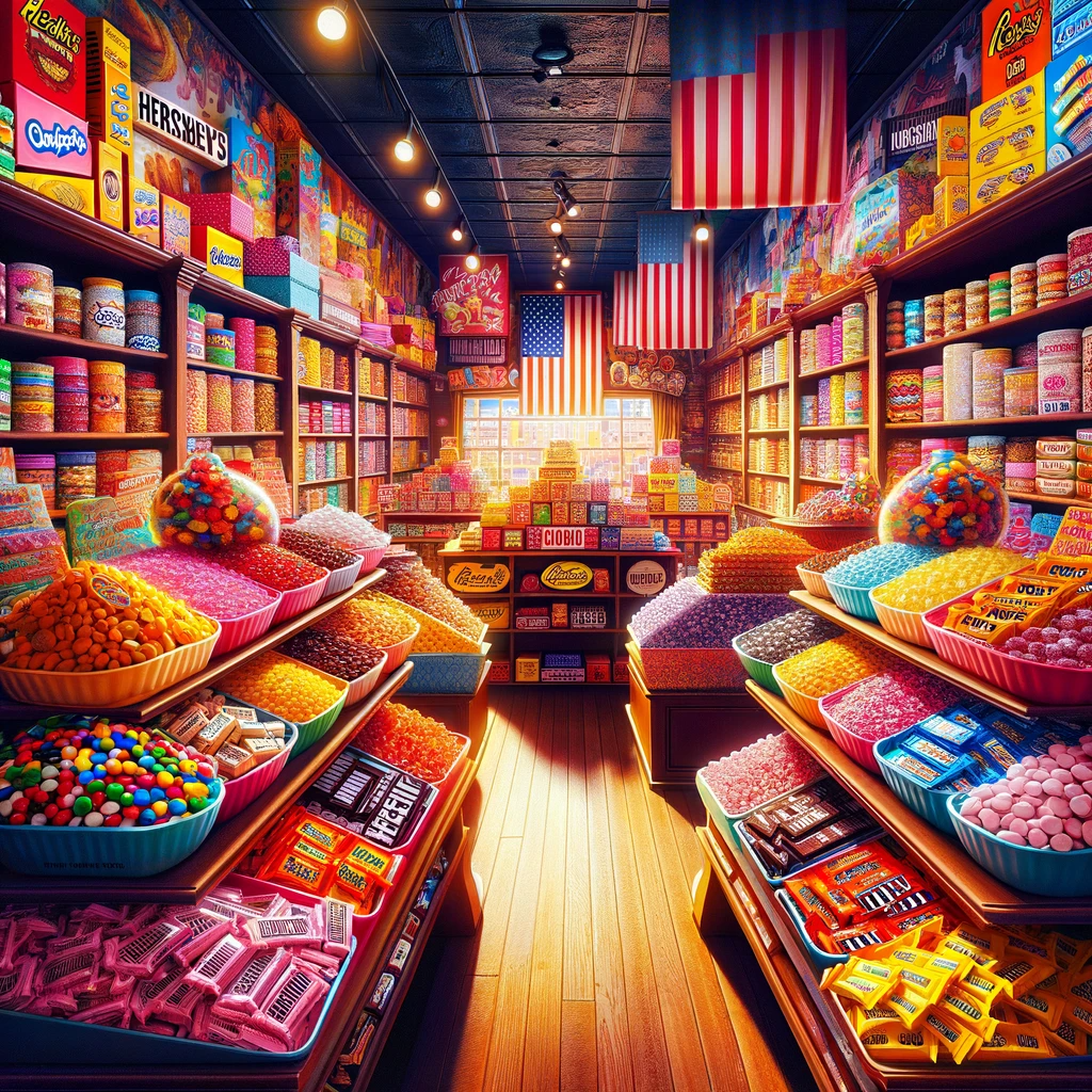 Vibrant American candy store interior with shelves full of colorful candy packages, featuring Hershey's bars, Reese's cups, M&M's, saltwater taffy, and handmade fudge, evoking a lively and inviting atmosphere