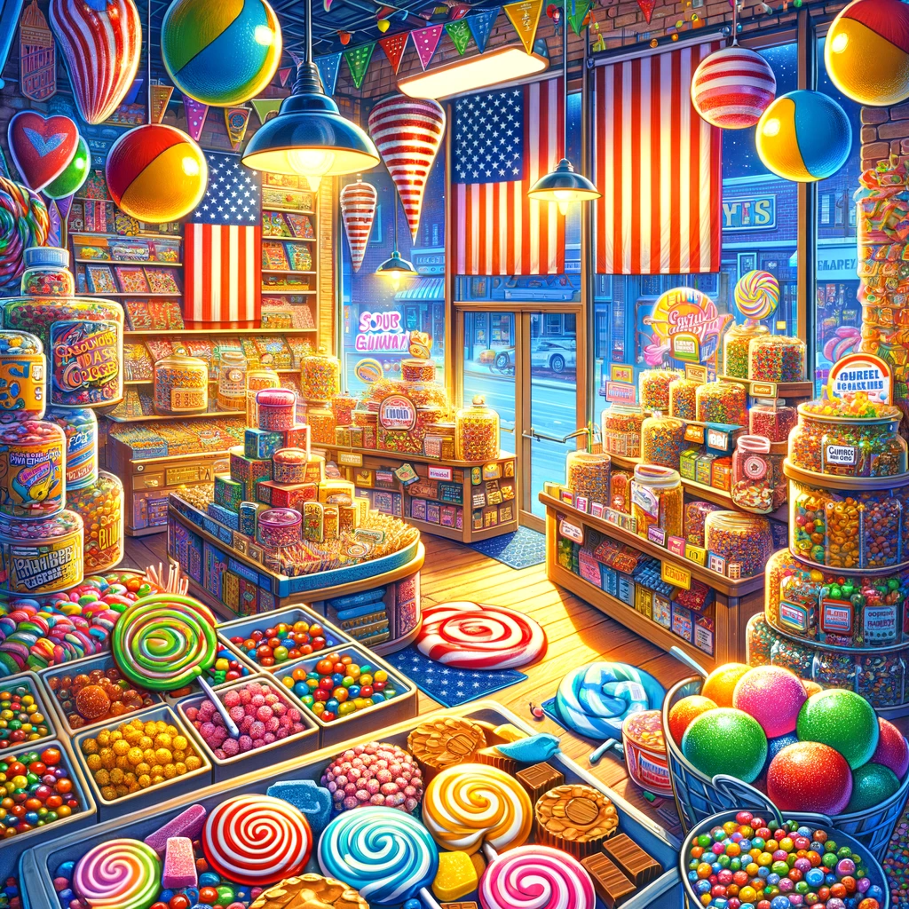 Vibrant and inviting American candy store scene with an array of popular candies, symbolizing the diversity and excitement of exploring American candy stores