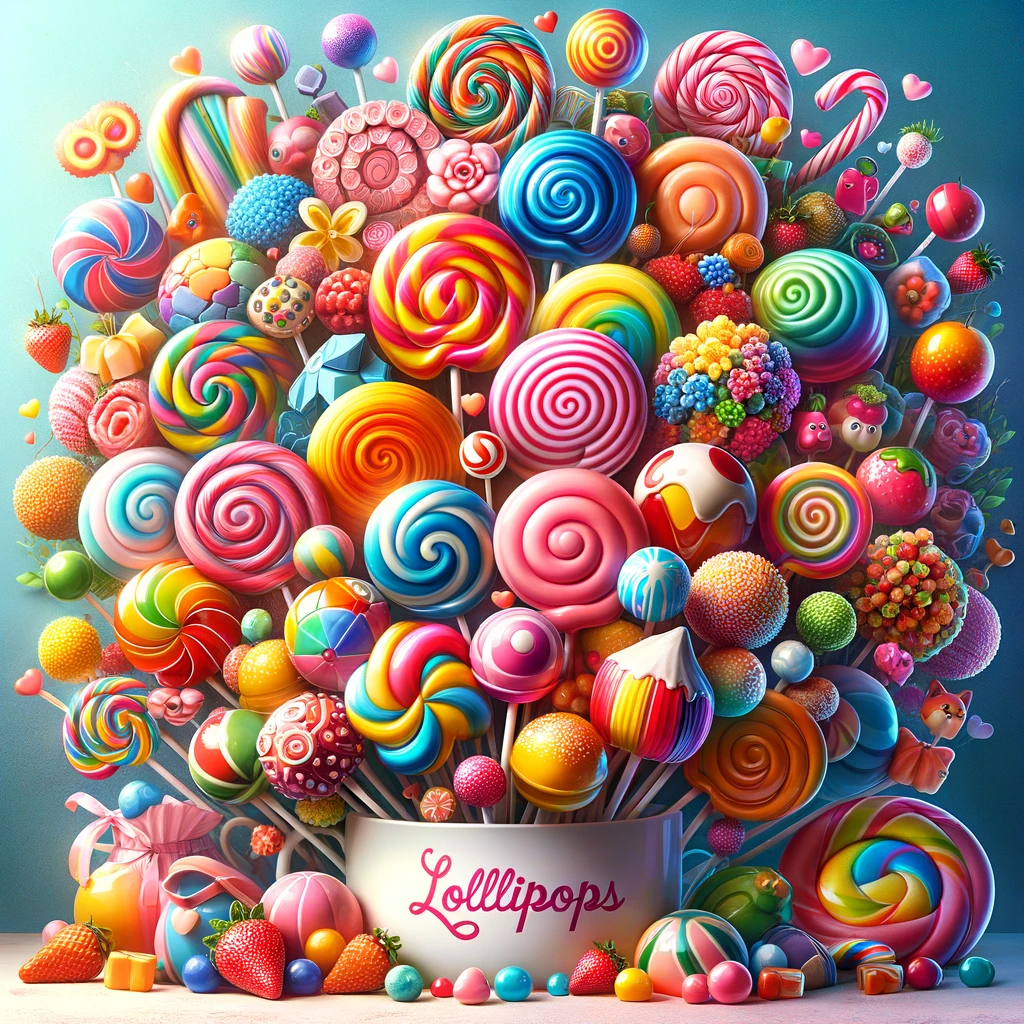 Assortment of vibrant and playful lollipops in various shapes and sizes, showcasing fruit-flavored, gourmet, and innovative designs, embodying the lively and joyful world of lollipops
