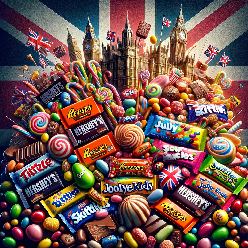  This vibrant display showcases popular American candies in a UK setting, perfectly aligning with the theme of your article.