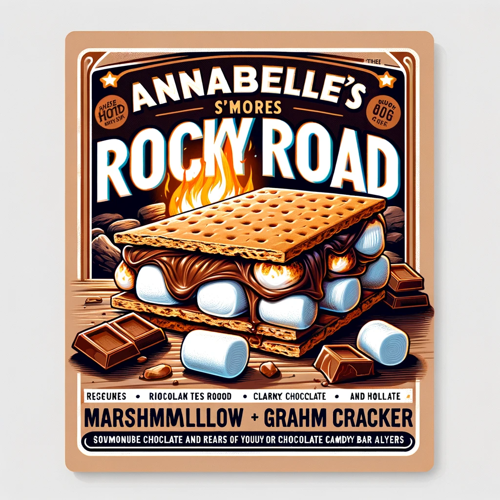 Annabelle's S'mores Rocky Road candy bar with toasty marshmallows and graham crackers nestled in melting chocolate, evoking a cosy campfire ambiance and the classic s'mores flavor