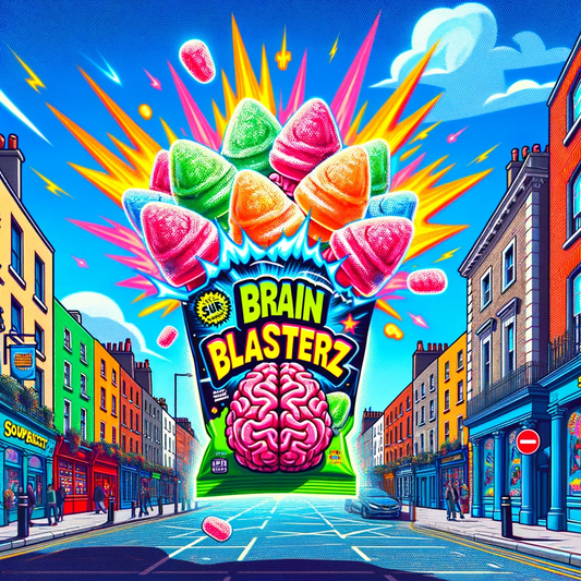 Colorful Brain Blasterz sour candies explosion over Dublin street scene illustration for Candy Cave promotion