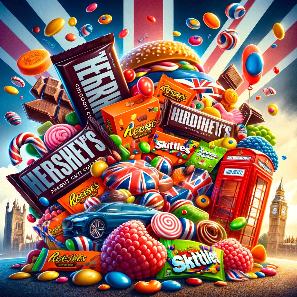 CandyCave.ie Reveals: The Most Popular American Candies Loved by UK Consumers." The image showcases a selection of popular American candies, depicted with rich colors and realistic textures, set against a background that subtly incorporates UK elements.