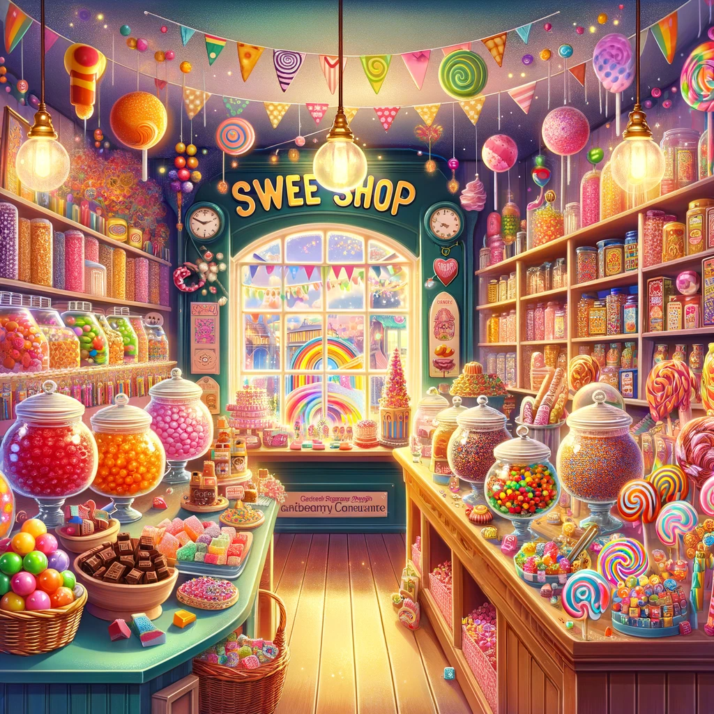 Colorful and vibrant sweet shop interior filled with jars of gummies and shelves of assorted candies including chocolates, retro sweets, and artisanal confections, embodying a lively and enchanting candy lover's paradise