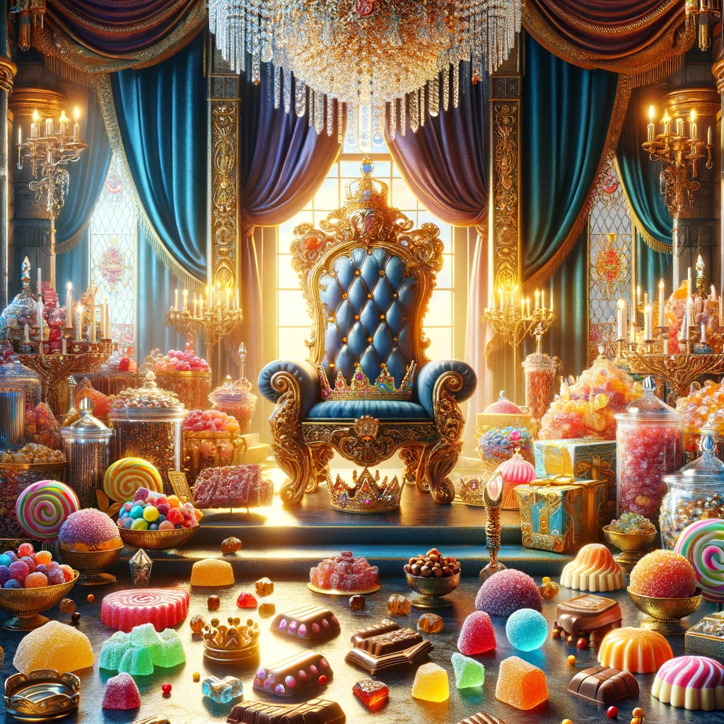 Majestic display of the Candy King collection in a candy store setting, featuring luxurious chocolates, vibrant gummies, and a candy throne with a jeweled sceptre and crown, symbolising the regal and exquisite nature of the sweets
