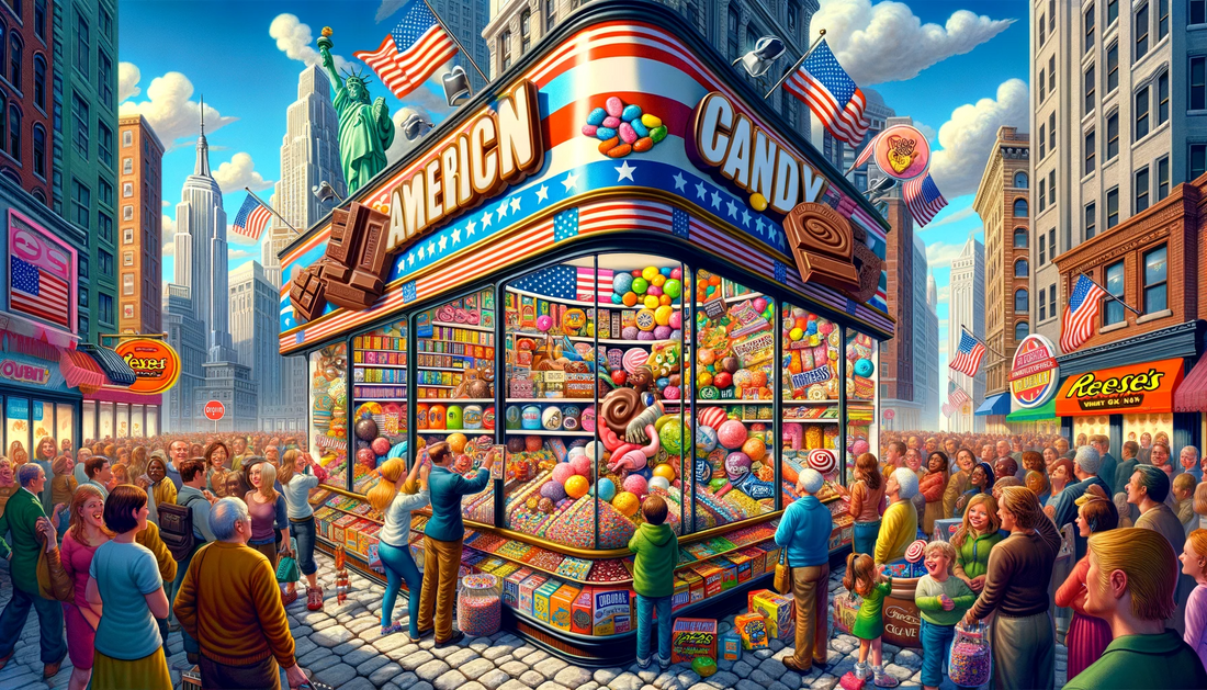Colorful caricature of Candy Cave store with diverse customers, showcasing American sweets like Hershey's, Reese's, and Sour Patch Kids, set against a backdrop of American symbols