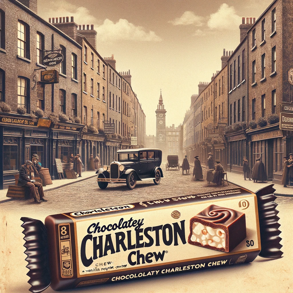 Vintage Charleston Chew candy bar on an old-time Dublin street, evoking the classic charm of Irish heritage