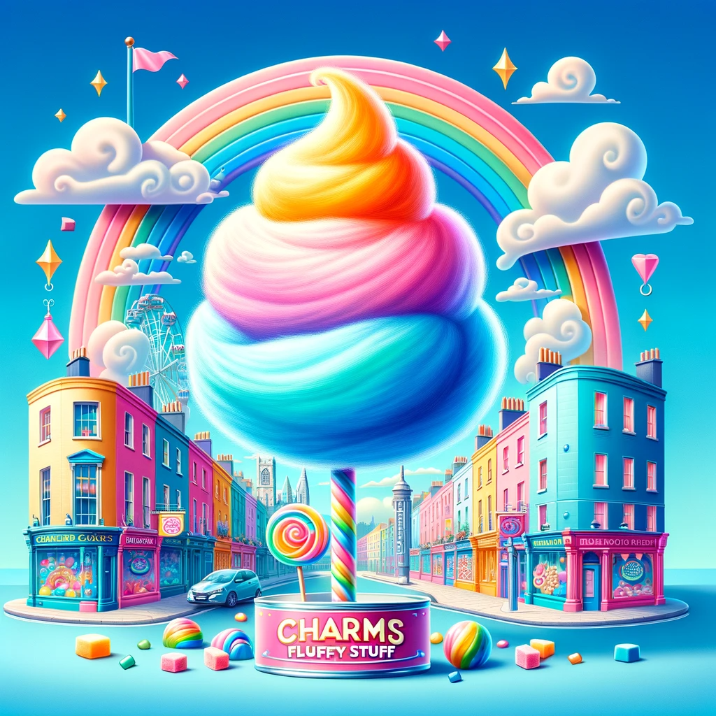 Rainbow swirl of Charms Fluffy Stuff Candy Floss against a whimsical Dublin streetscape, symbolizing a candy wonderland