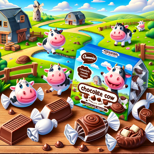Playful Chocolate Cow Tales candies with cartoon cows on a chocolate-themed farm, promoting Candy Cave's sweet offerings