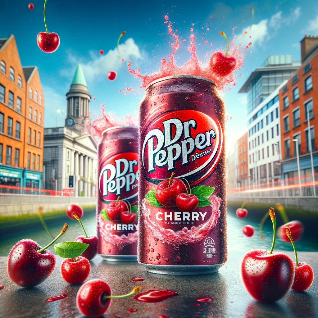 Dr Pepper Cherry cans with a splash of cherries and fizz, set against Dublin’s urban backdrop, highlighting the drink's lively spirit for Candy Cave's collection