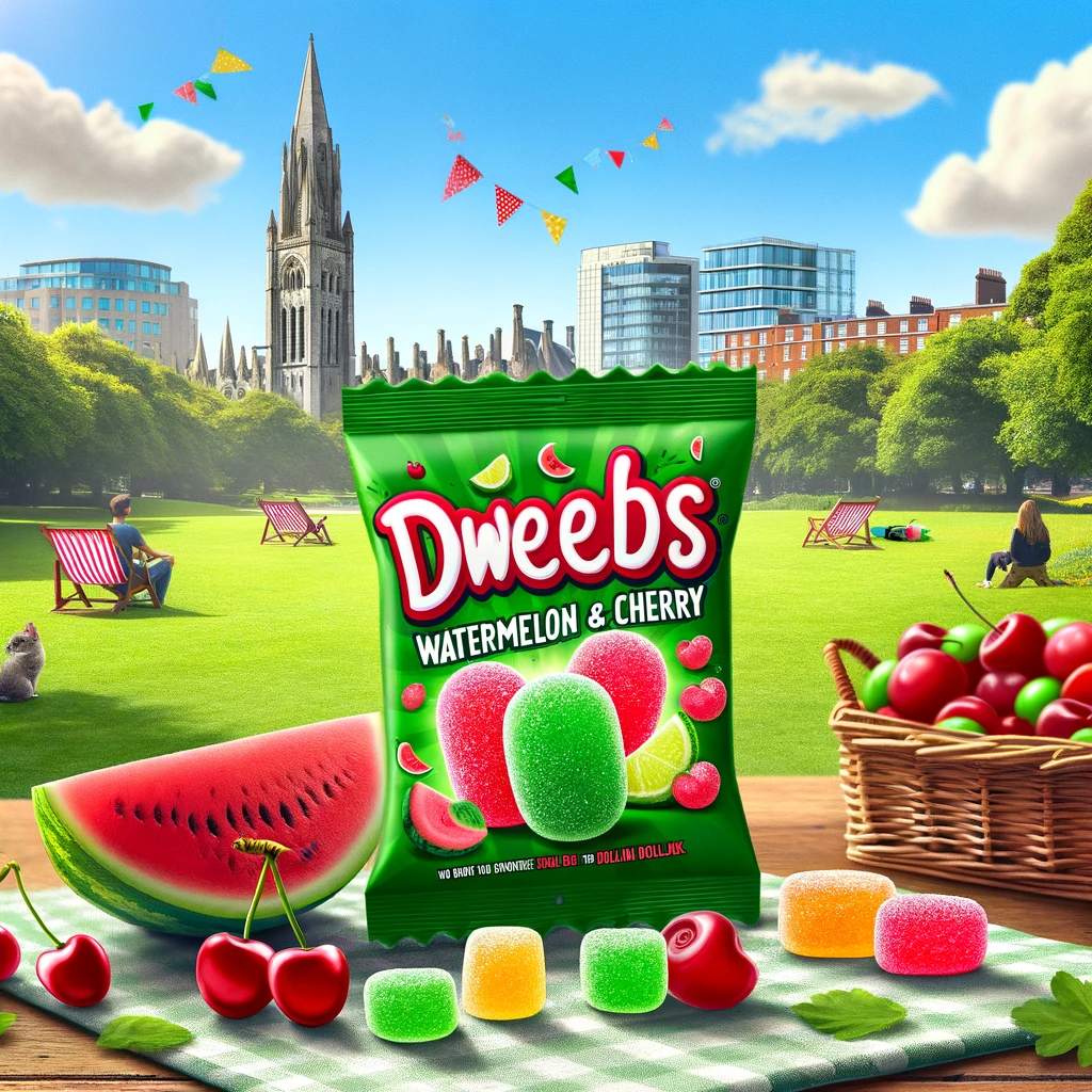 Colorful Dweebs Watermelon and Cherry candies in a lively Dublin park, with watermelon slices and cherries, conveying a fun picnic vibe for Candy Cave's summer promotion