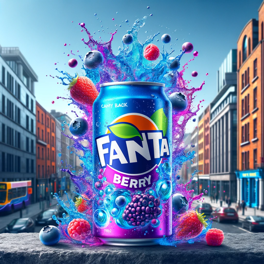Vibrant Fanta Berry can with a berry splash in Dublin, encapsulating the effervescent and fruity flavour of Candy Cave's newest soda