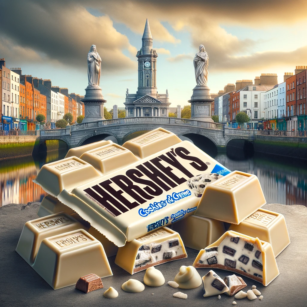 Hershey's Cookies and Creme bars displayed with Dublin's iconic Ha'penny Bridge in the background, highlighting the creamy white chocolate and crunchy cookie bits