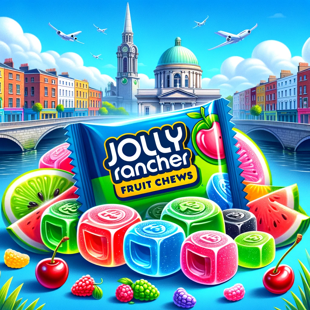 Colorful Jolly Rancher Fruit Chews in front of Dublin's Custom House, highlighting the juicy centers and vibrant flavors of green apple, blue raspberry, cherry, and watermelon