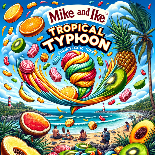 Vibrant swirl of Mike and Ike Tropical Typhoon candies amidst a lively beach scene, with a whirlwind of tropical fruits like pineapples, kiwis, and oranges, capturing Dublin's exotic candy treat available at Candycave.ie