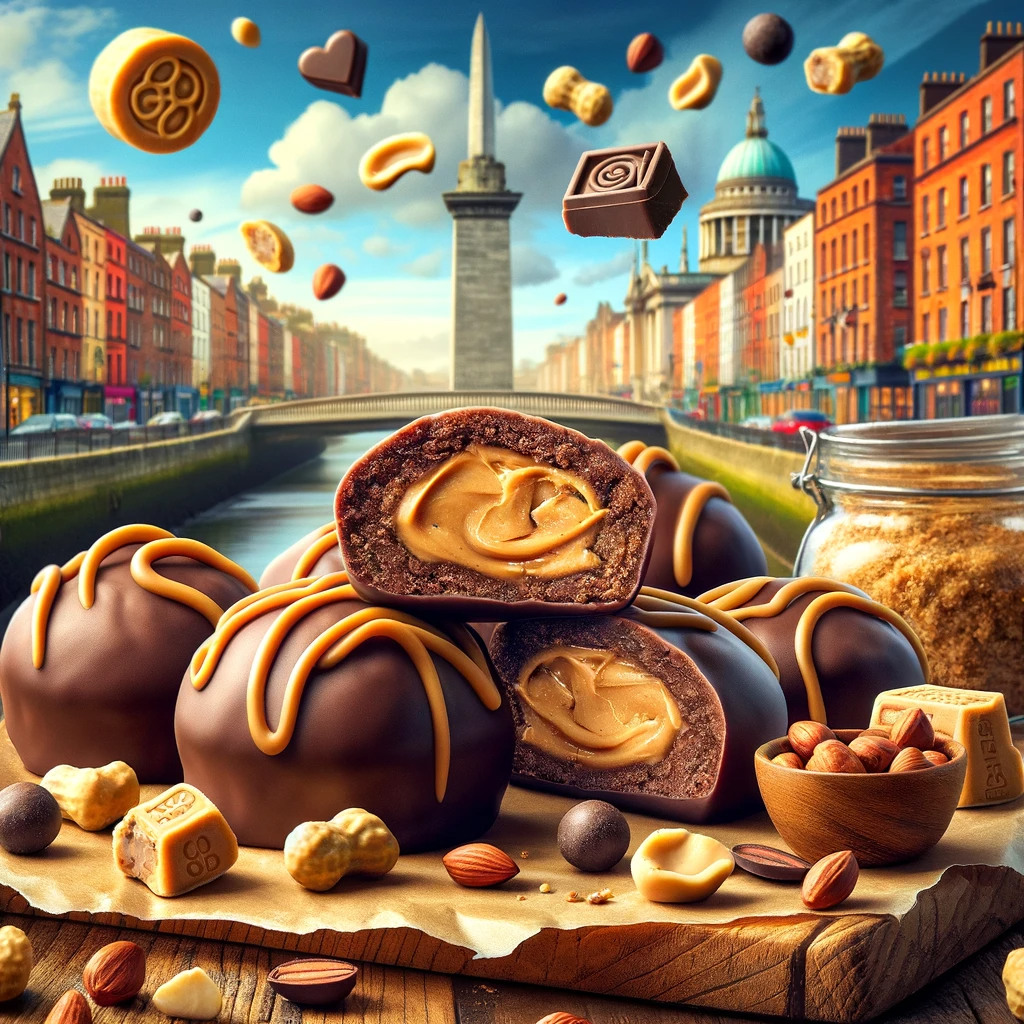 Delicious Peanut Butter Cookie Dough Bites with Dublin scenery, featuring rich chocolate coating and peanut butter centre, surrounded by peanuts and chocolate chips