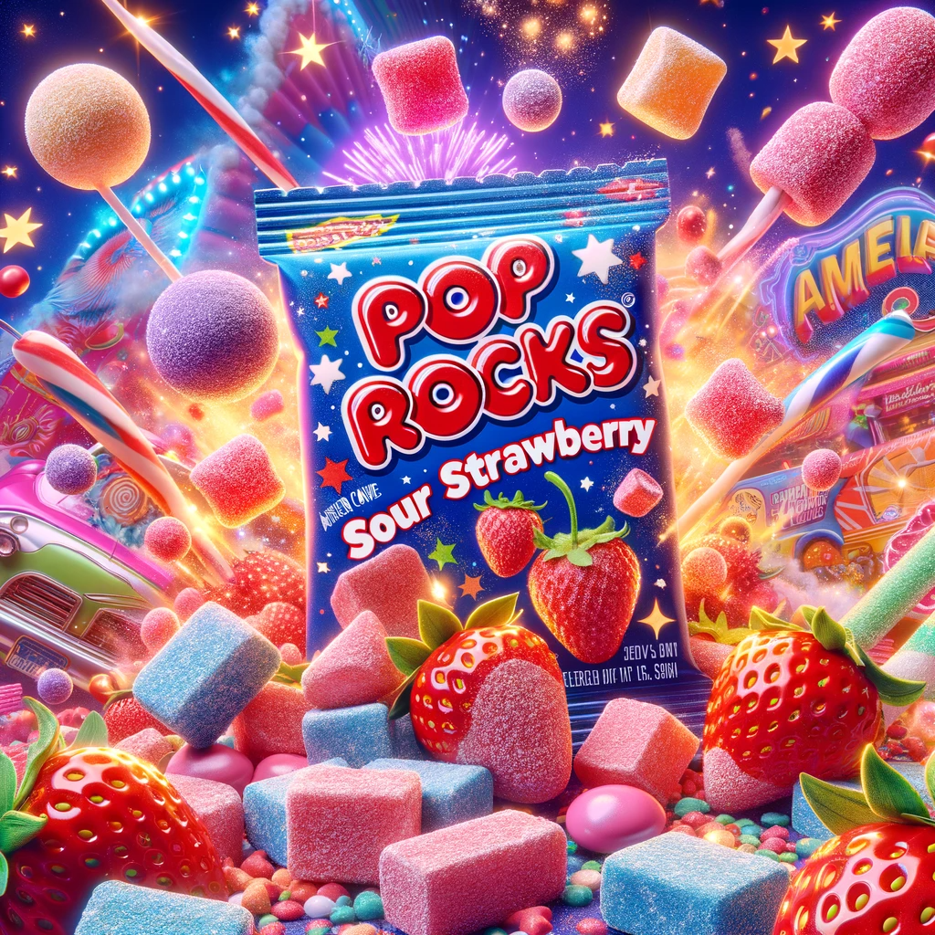 Vibrant image of Pop Rocks Sour Strawberry American candy with the packaging and candies bursting out, surrounded by sour strawberries and sparkles, highlighting the fizzy, fun nature of the candy against a colourful and lively background
