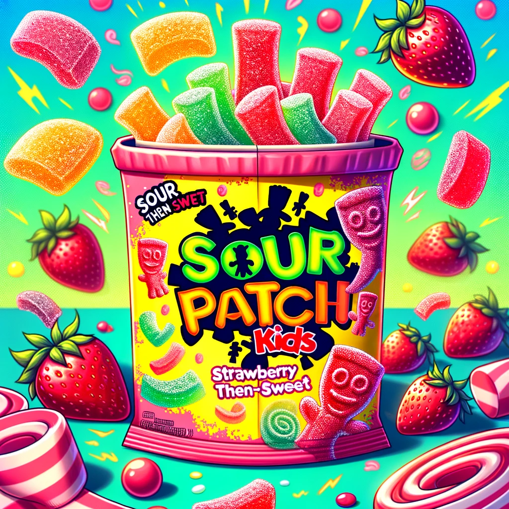 tangy, sour crystals and the sweet, strawberry-flavored gummy inside, set against a lively and colorful background that reflects the fun and playful nature of the candy