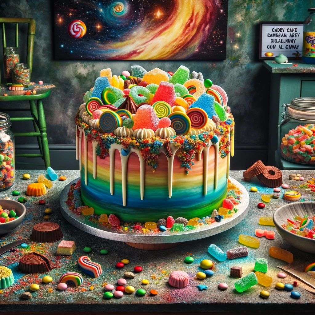 Colorful and imaginative cake decoration using American candies from CandyCave, featuring a cake adorned with rainbow gummies, crushed peanut butter cups, and sour candies in a whimsical baking setting, showcasing innovative cake decorating ideas