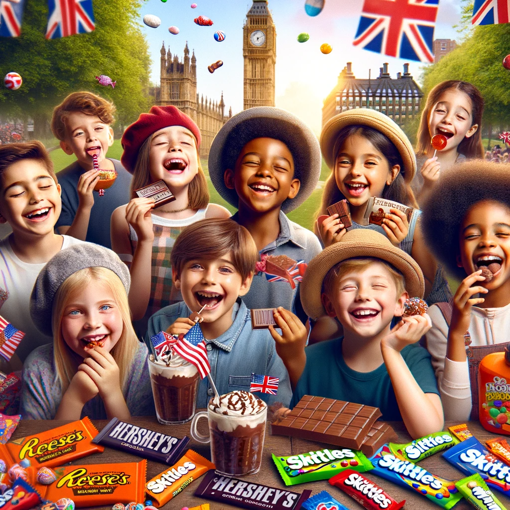 Exploring the World of American Candy: Unique Finds You Can Get in the UK." The image depicts a group of children in a typical British setting, enjoying various American candies