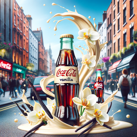 Refreshing Coca-Cola Vanilla bottles with a swirl of creamy vanilla and orchids on a lively Dublin street, highlighting the smooth flavour available at Candy Cave