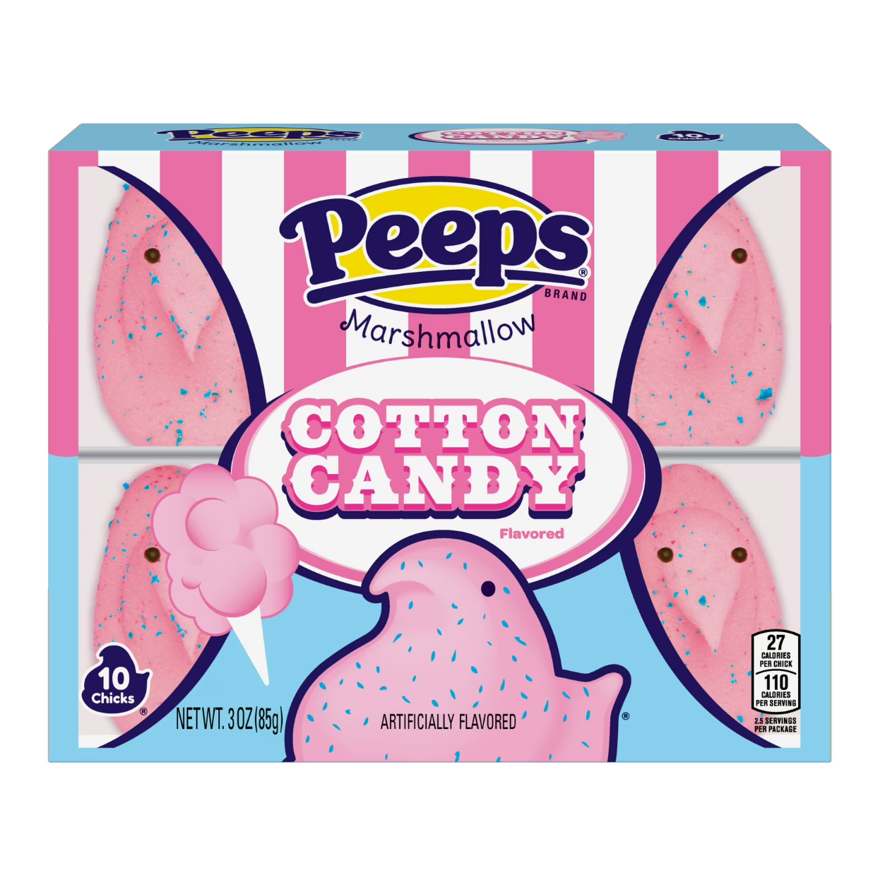 Box of Peeps Marshmallow Cotton Candy flavored chicks on a white background

