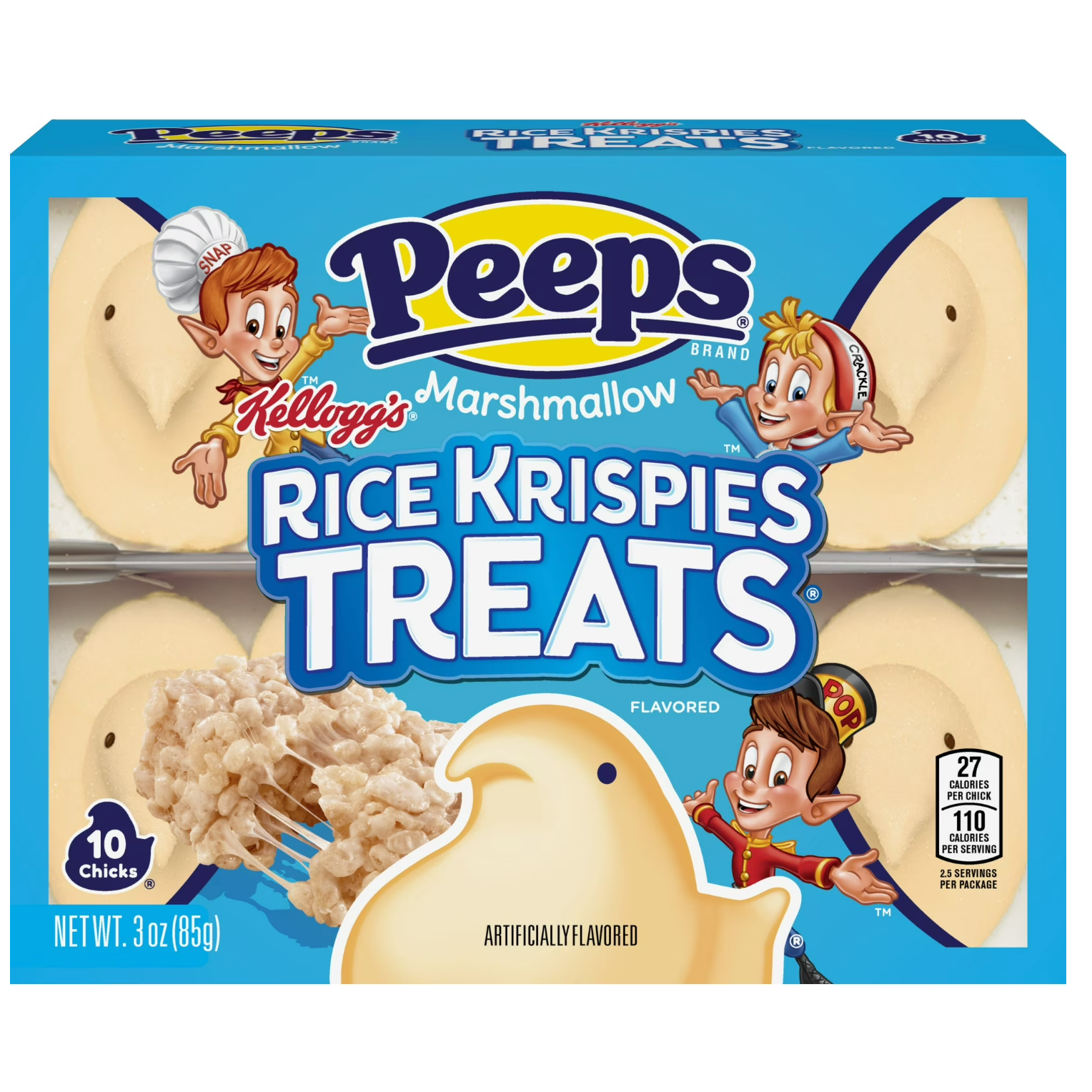 Box of Peeps Rice Krispies Treats with cartoon characters on a white background