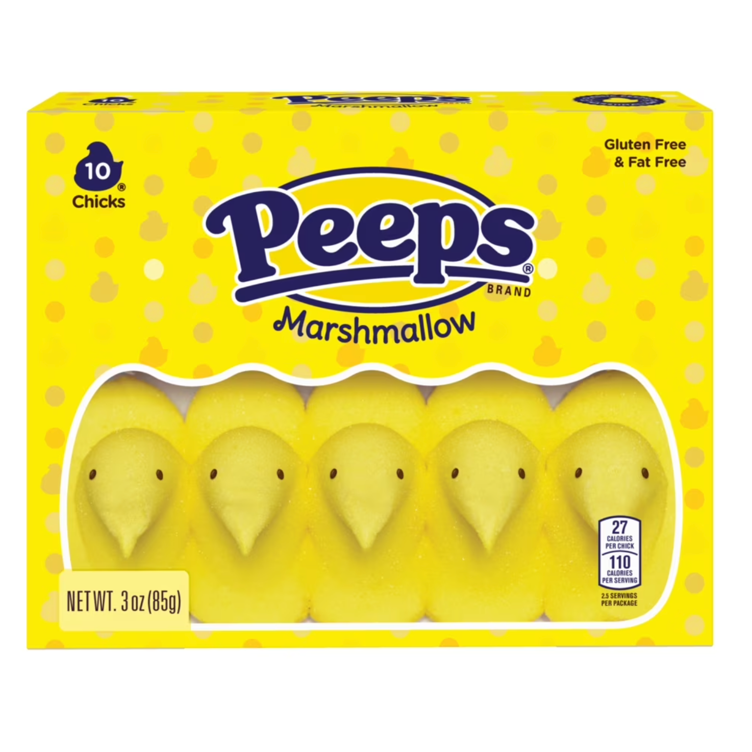Box of Peeps marshmallow chicks on a white background

