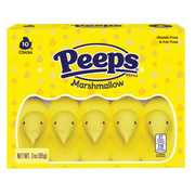 Box of Peeps marshmallow chicks on a white background

