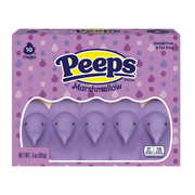 Box of purple Peeps marshmallow chicks on a purple polka dot background


