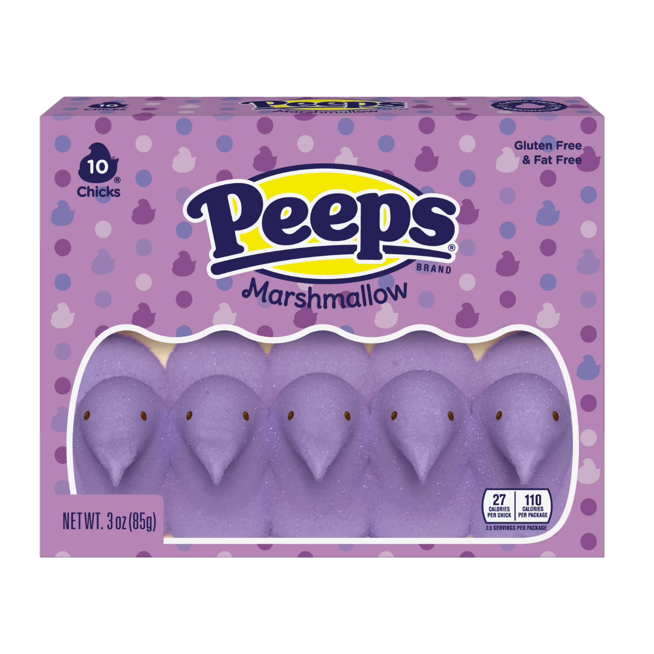 Box of purple Peeps marshmallow chicks on a purple polka dot background

