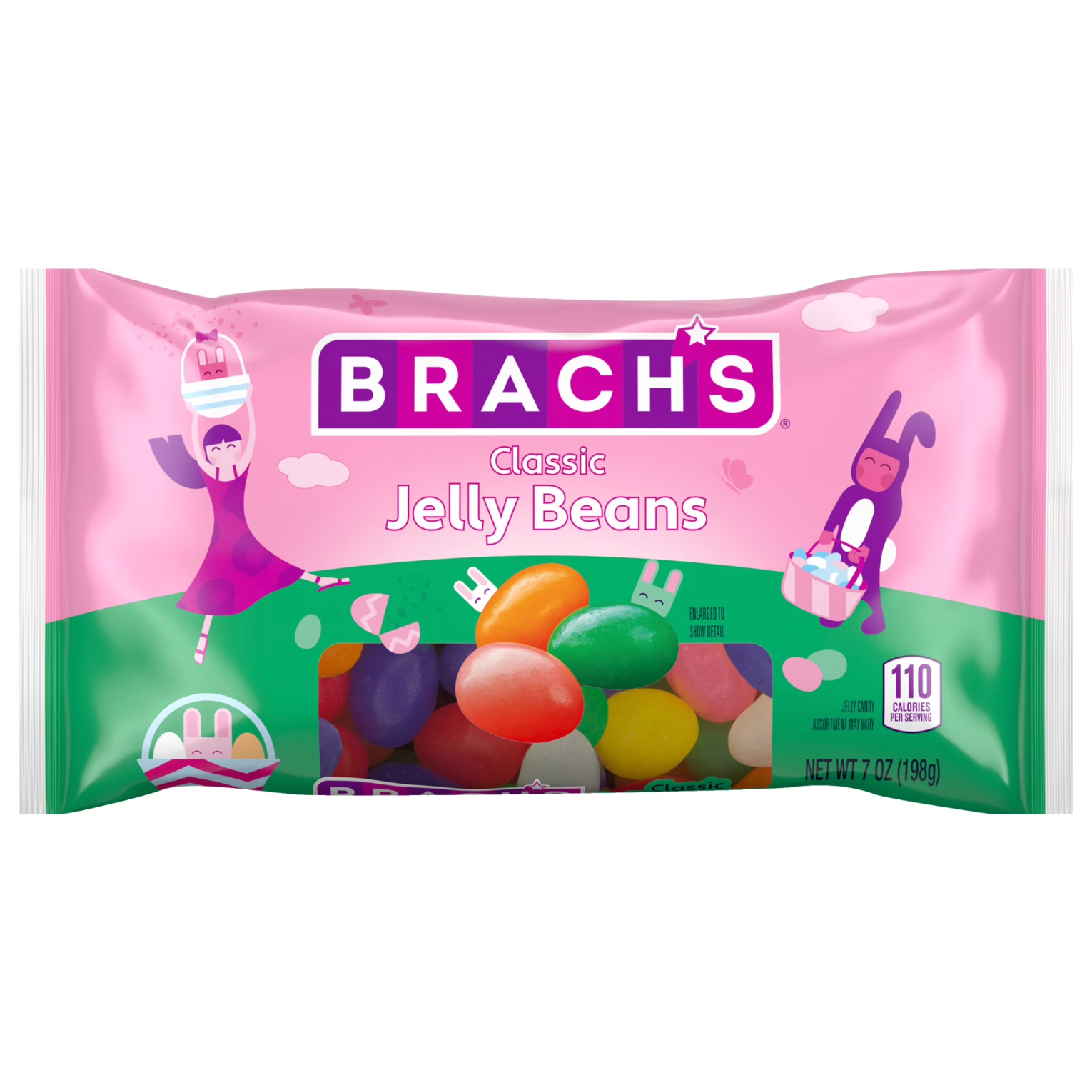Brachs Classic Jelly Beans packaging with colorful jelly beans and cartoon characters on a pink and green background.