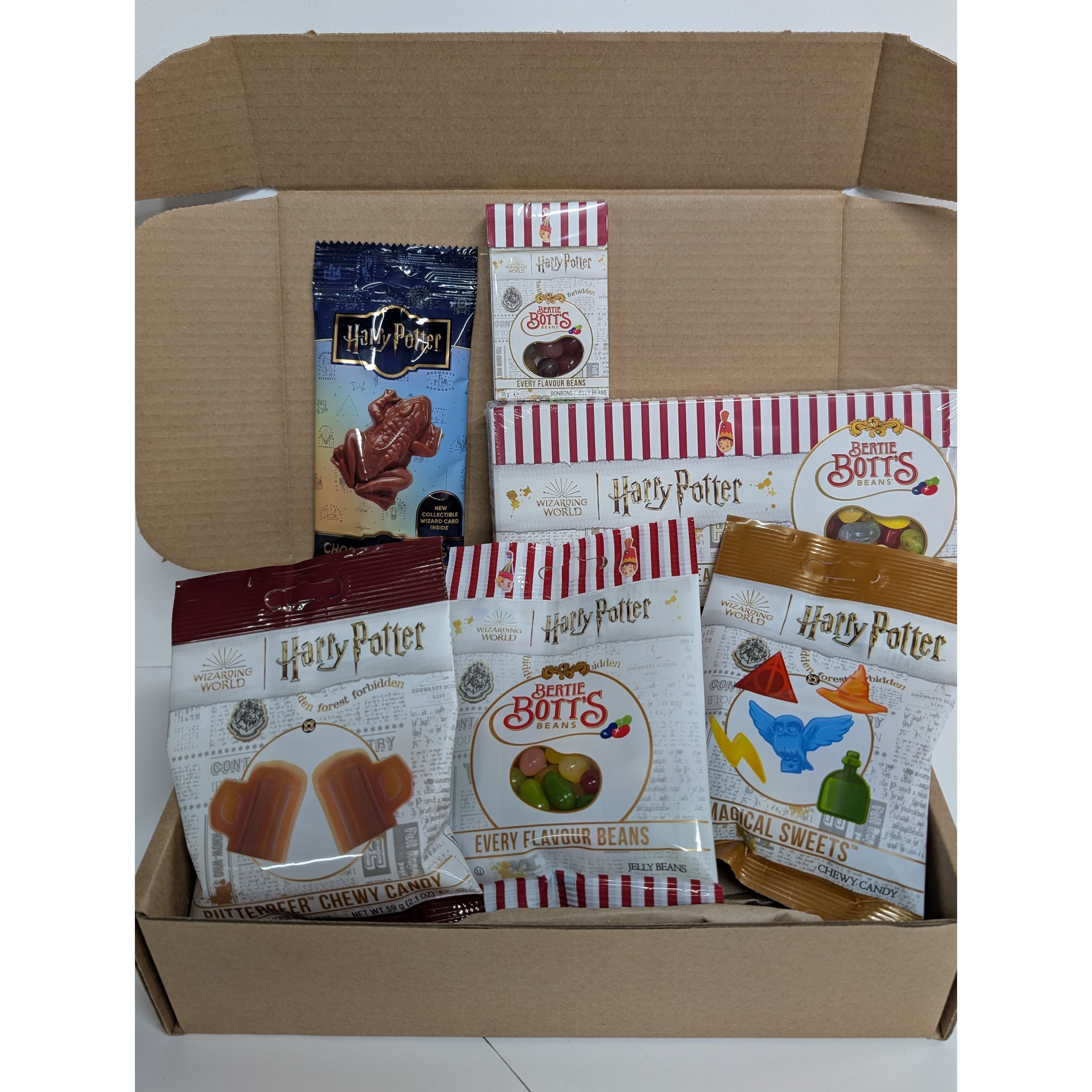 Box of Harry Potter-themed treats on a white background