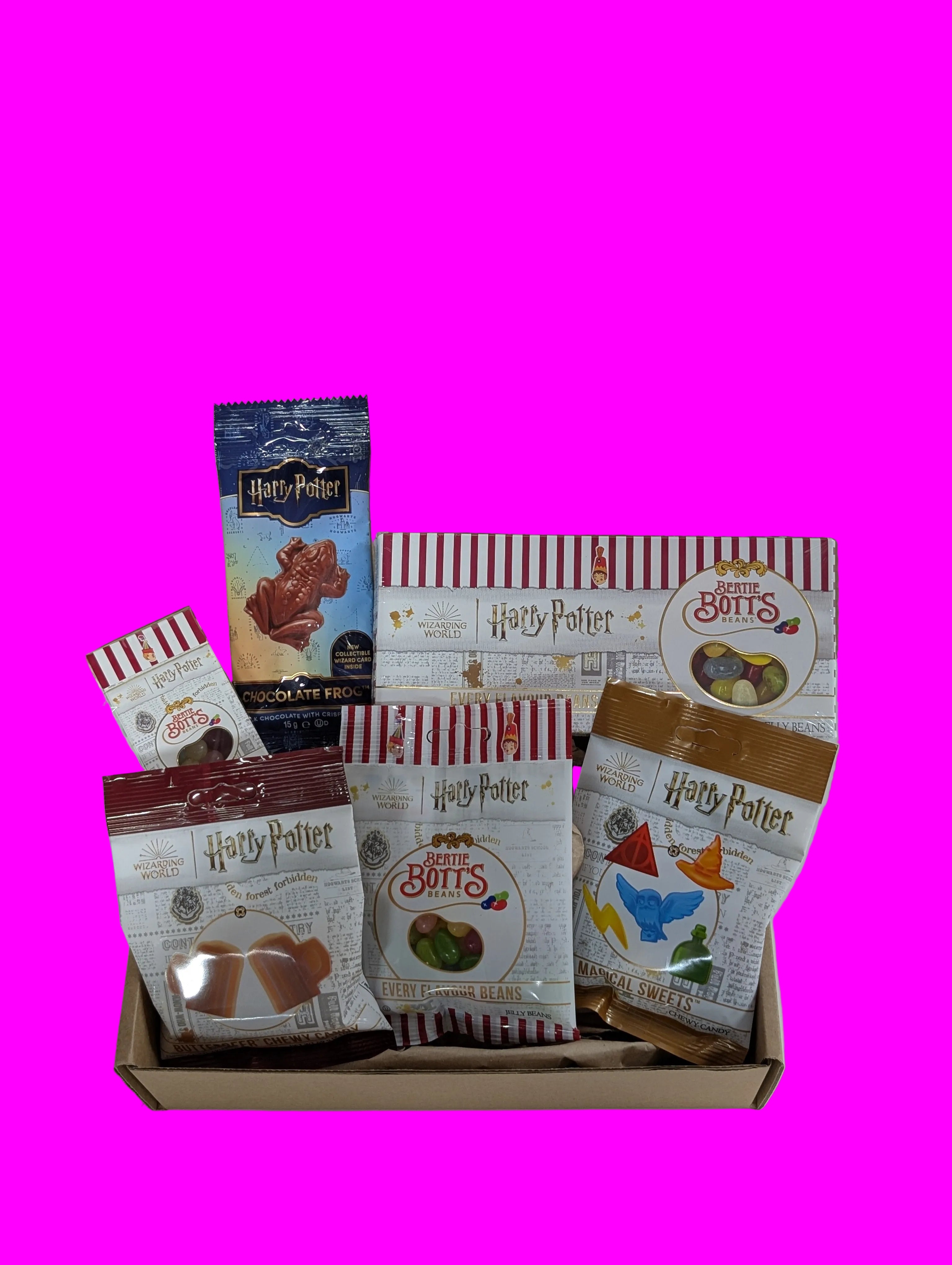 Box of Harry Potter-themed snacks on a white background