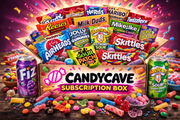 Candycave subscription box with various candy and soda items on a colorful background