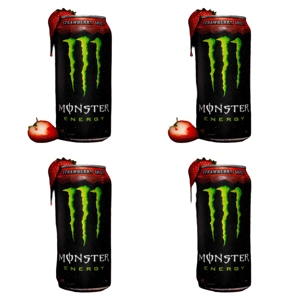 Monster Energy drink can with strawberry flavor on a black background with candles.