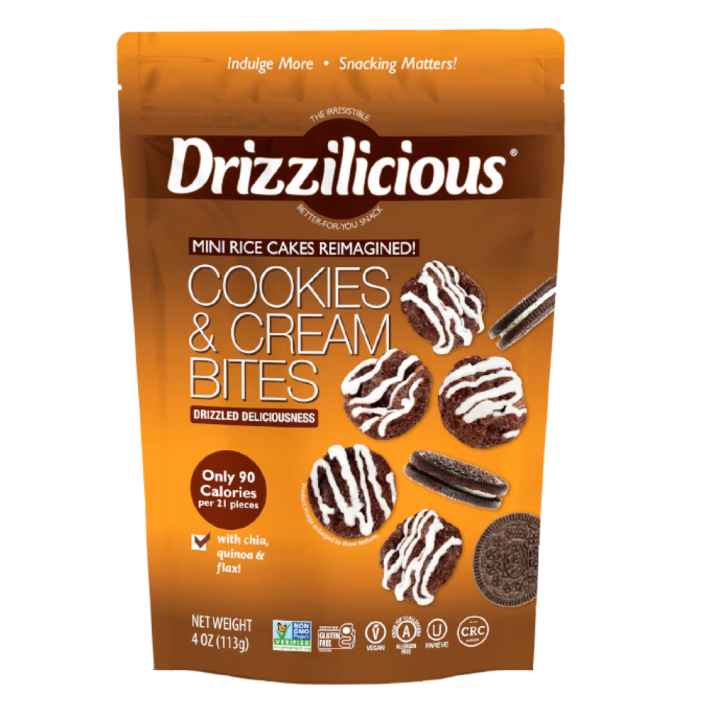 Drizzilicious cookies and cream bites packaging on a white background