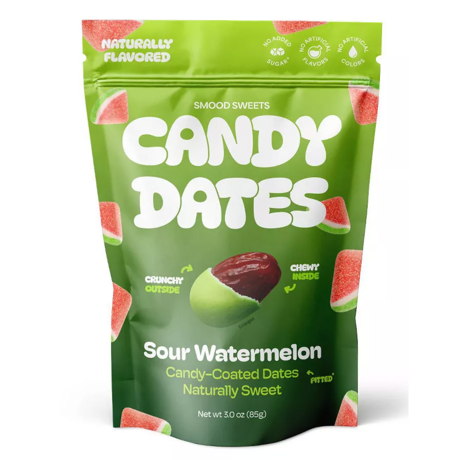 Green package of Candy Dates with sour watermelon flavor on a white background