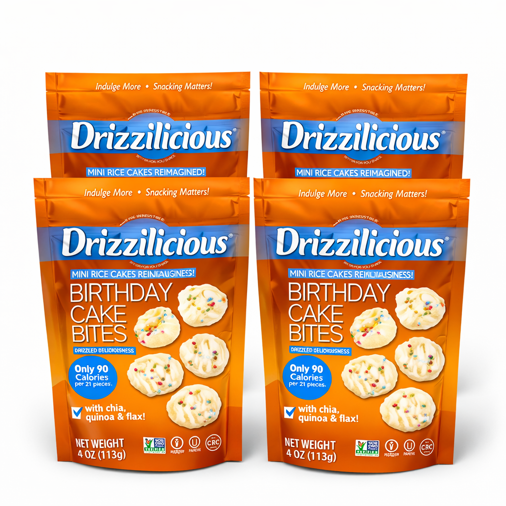 Bouchées de gâteau de riz Drizzilicious au gâteau d'anniversaire – Sucrées, croustillantes et sans culpabilité (sachet de 113 g)