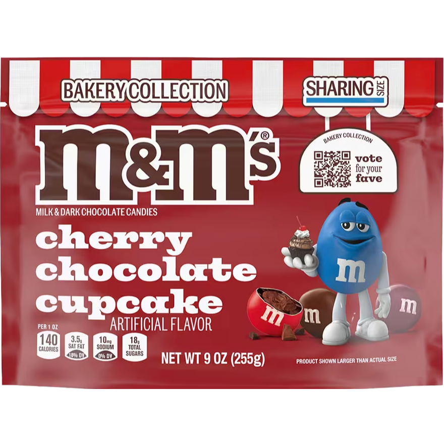 M&M's cherry chocolate cupcake candy package with blue and brown M&M characters on a red background.