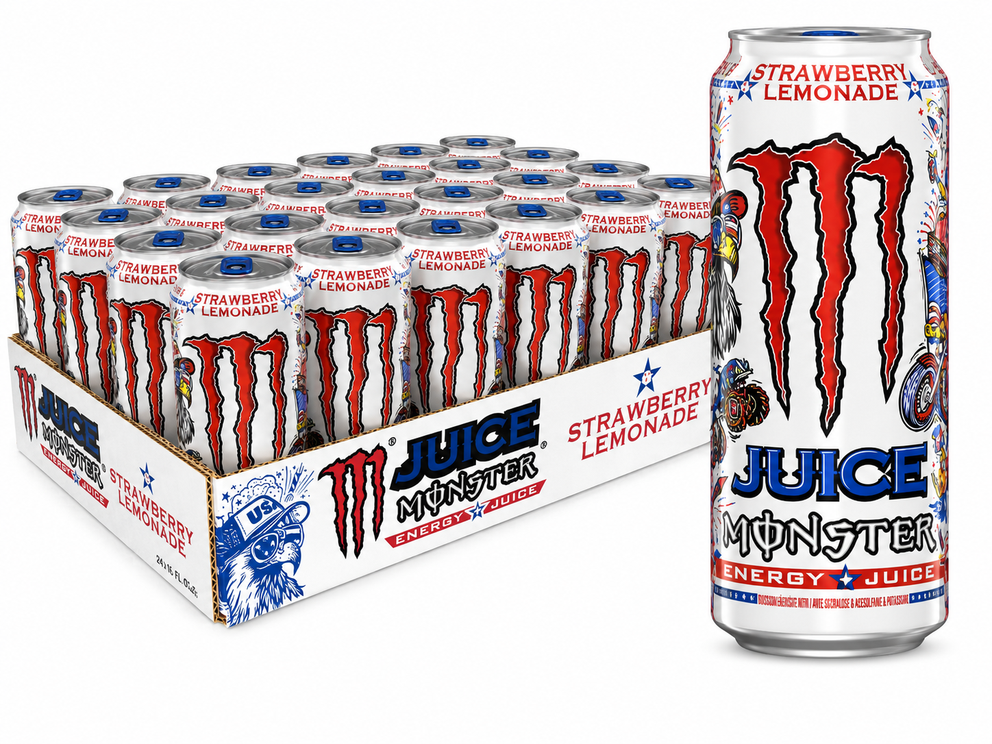 Monster Energy Drink Strawberry Lemonade cans with a box of the same on a white background