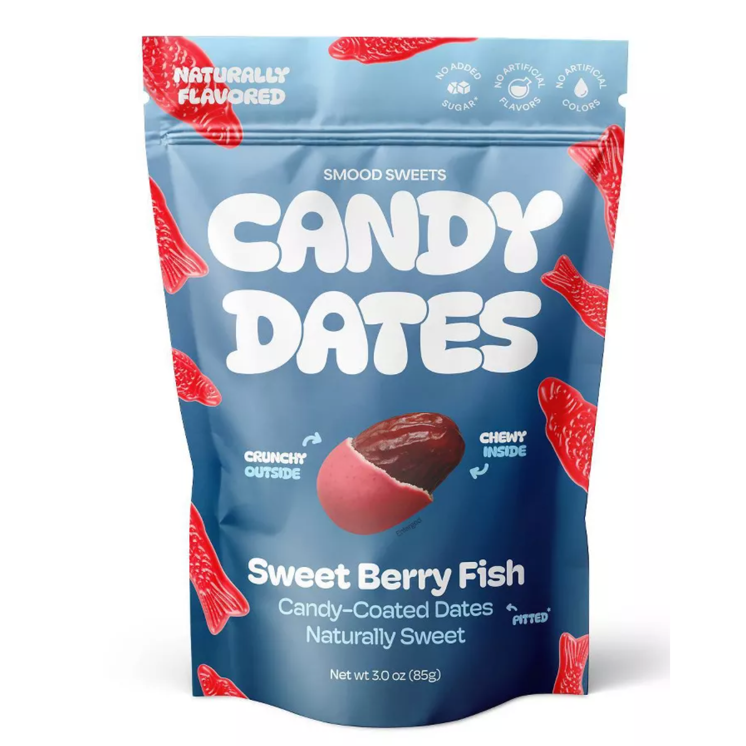 Package of Candy Dates Sweet Berry Fish on a white background