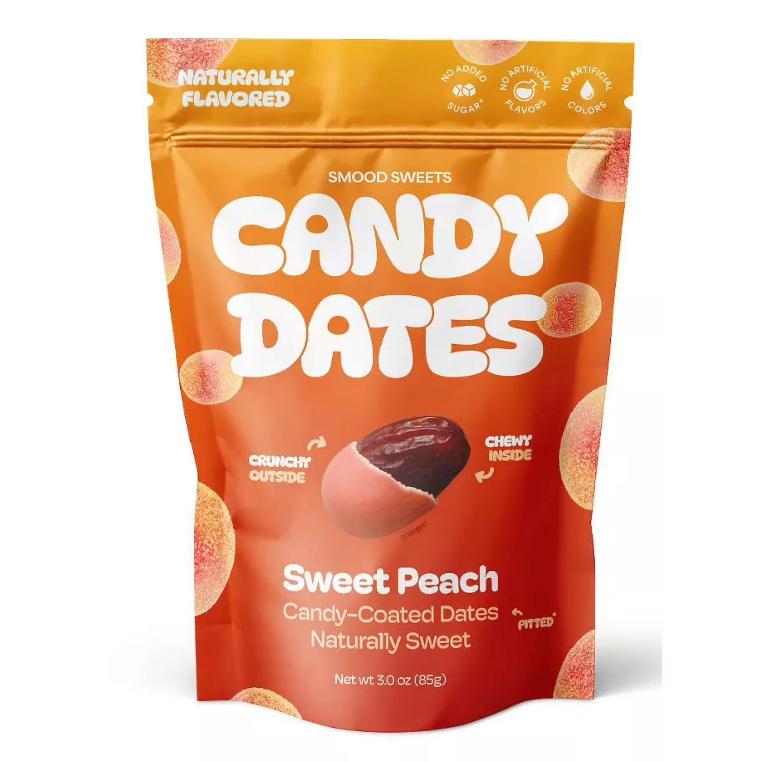 Packaging of Candy Dates Sweet Peach flavor on a white background